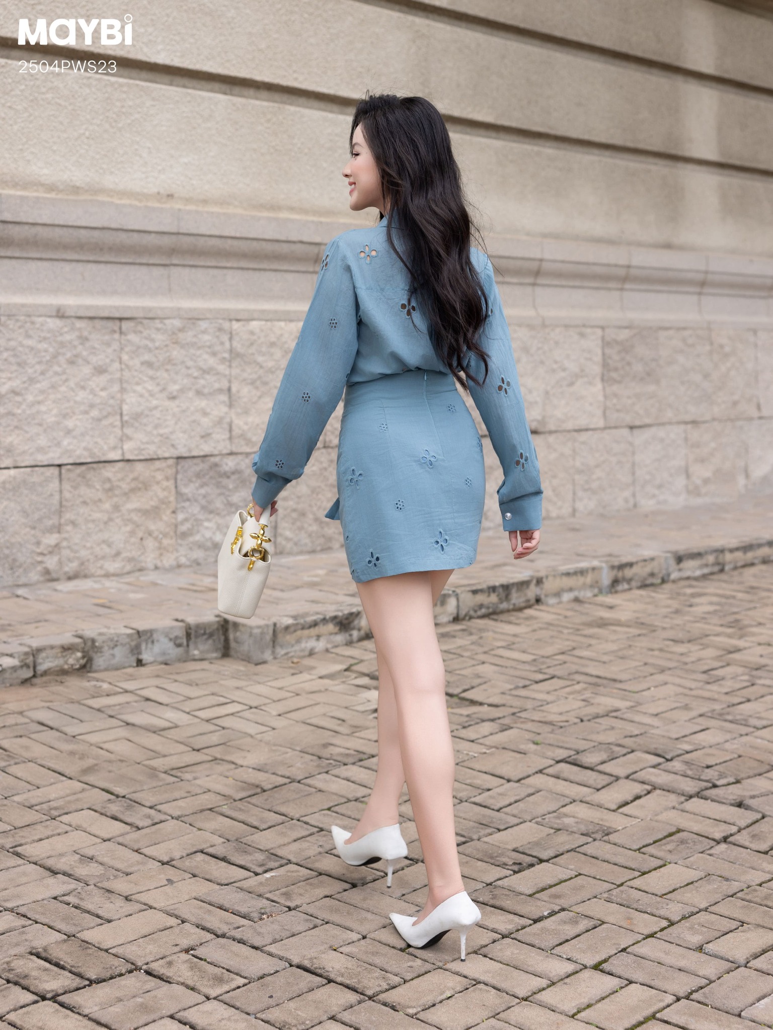 Set áo sơ mi và chân váy ngắn mini cotton thêu