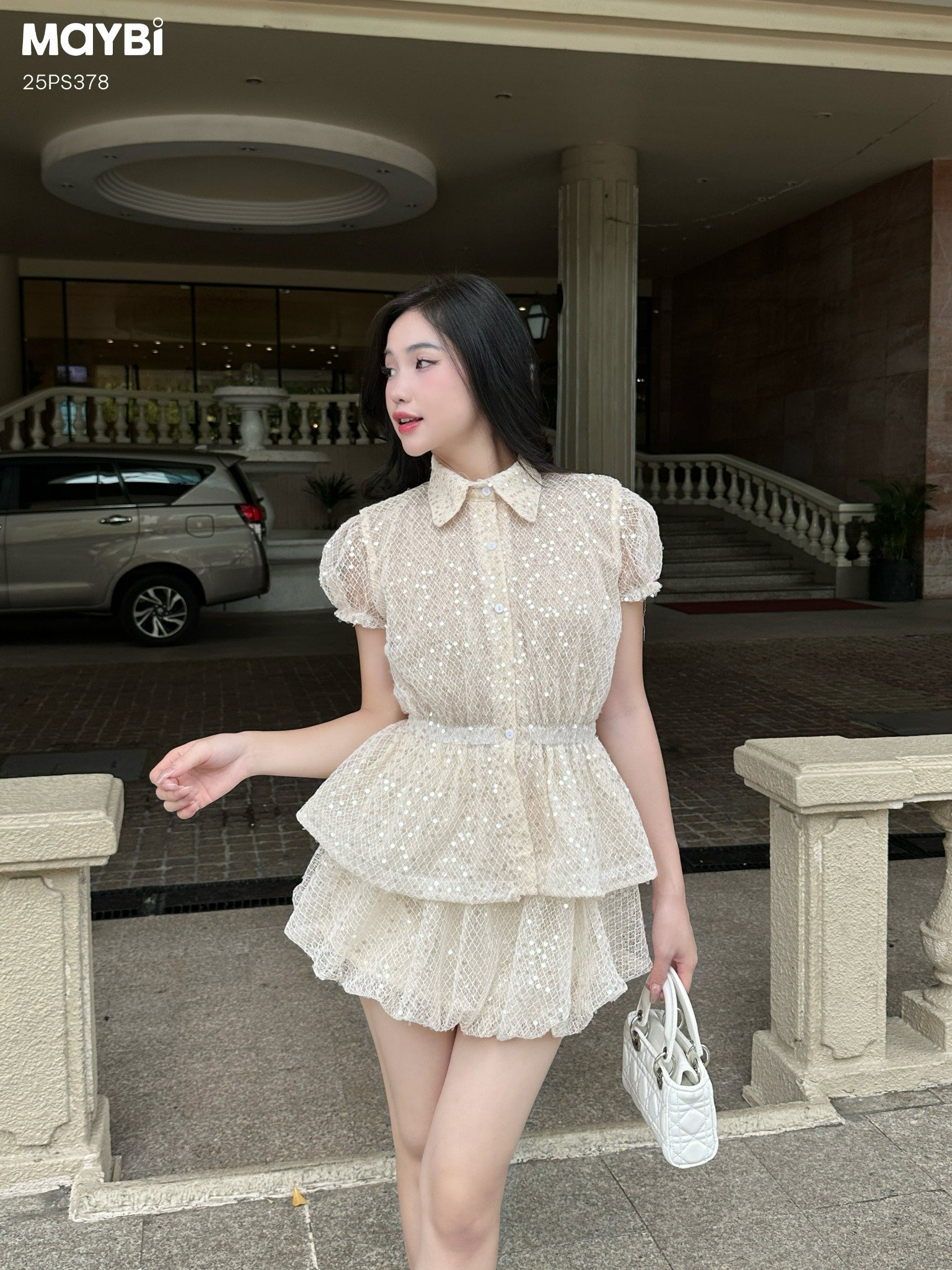 Set áo sơ mi kiểu chân váy bí dáng mini