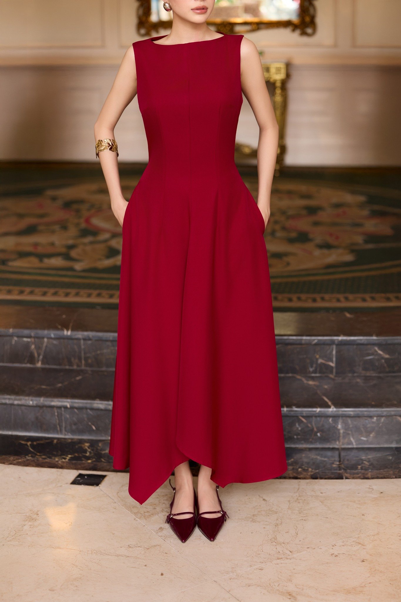 Đầm midi dáng xòe cotton lạnh xếp ly vai