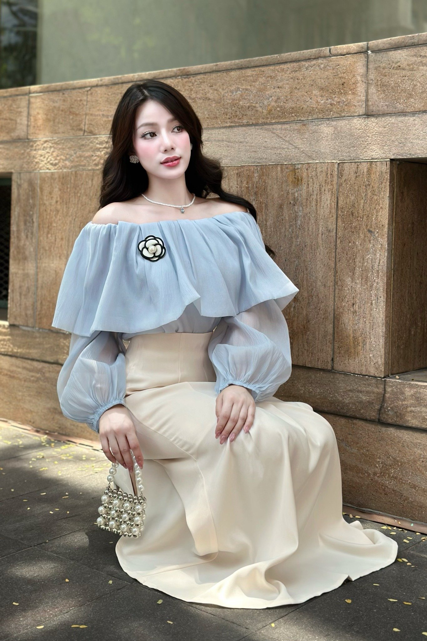 Chân váy đuôi cá cotton hàn kem dáng midi