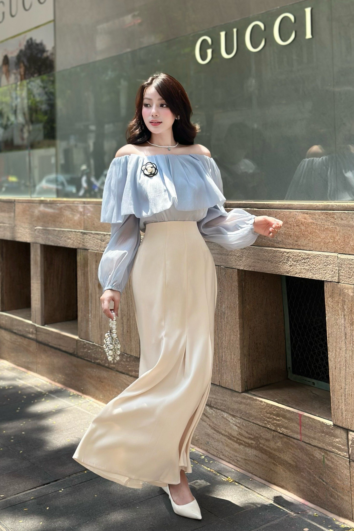 Chân váy đuôi cá cotton hàn kem dáng midi