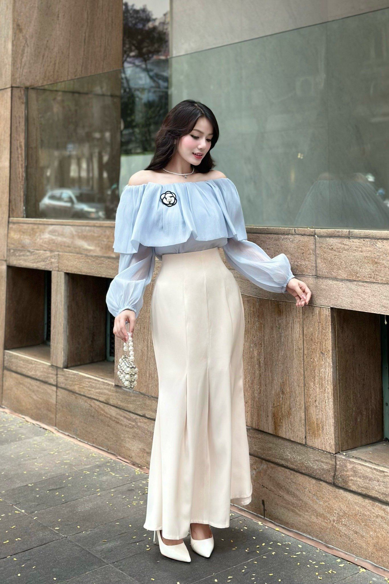 Chân váy đuôi cá cotton hàn kem dáng midi