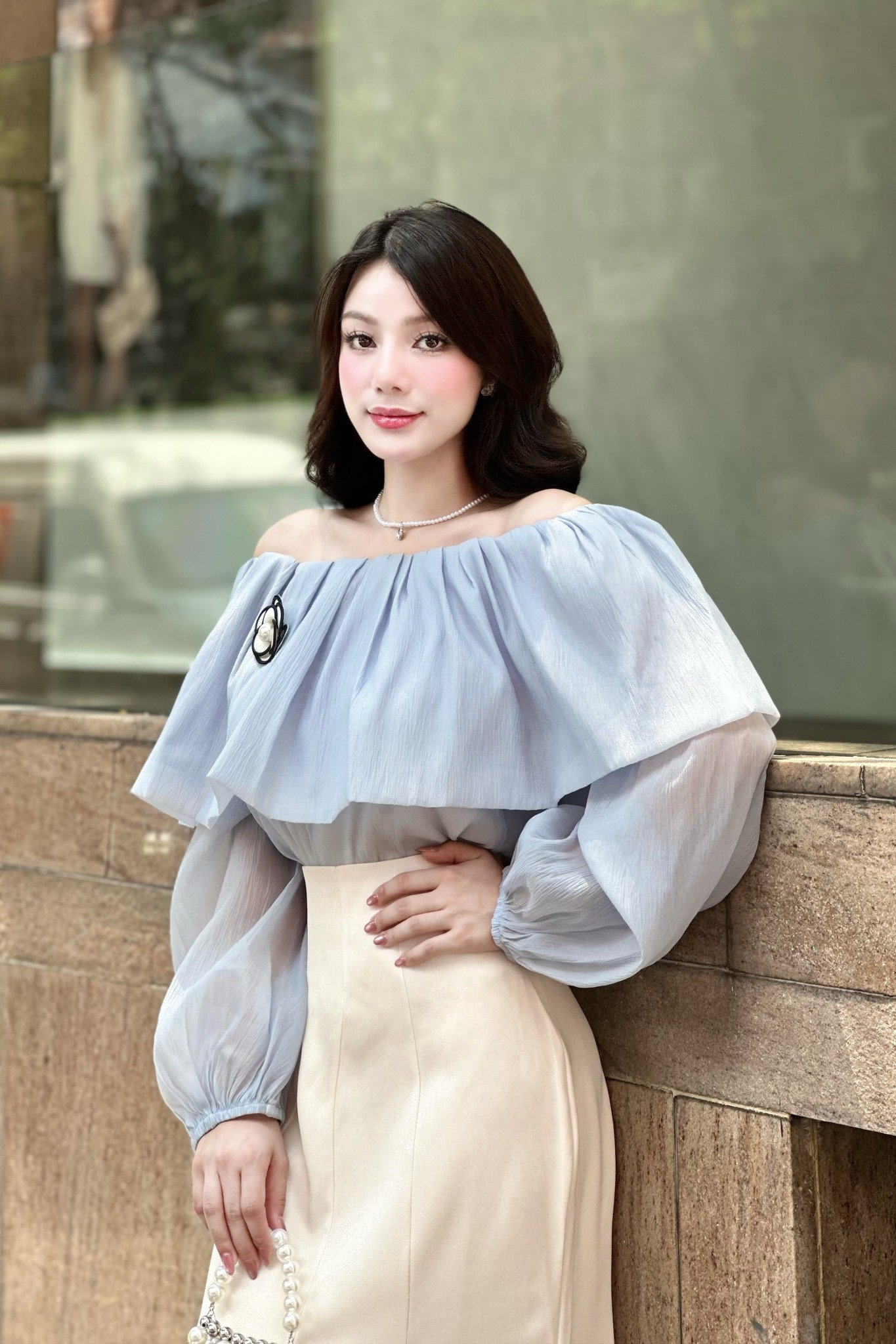 Chân váy đuôi cá cotton hàn kem dáng midi