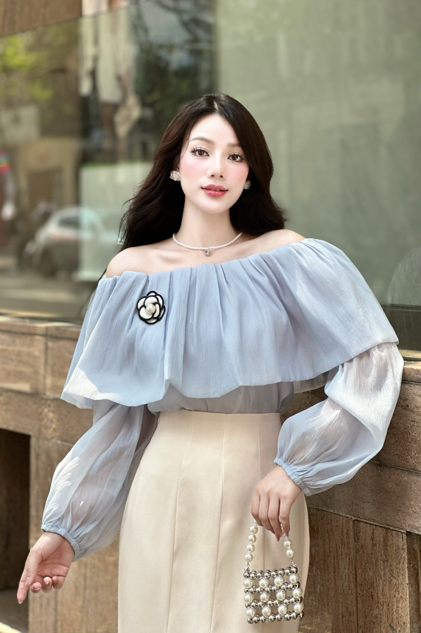 Chân váy đuôi cá cotton hàn kem dáng midi