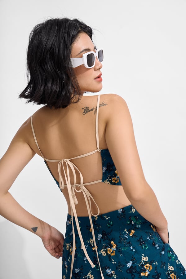 Áo croptop ôm nhung tăm không lưng cột nơ