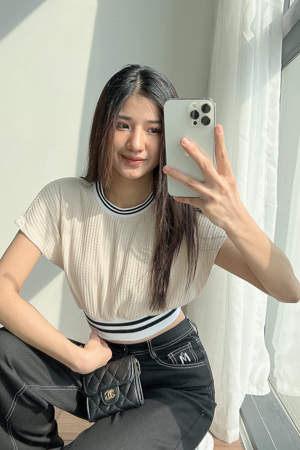 Áo croptop ôm thun waffle không tay phối bo