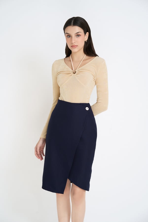 Chân váy midi suông pho xéo nhạt đắp tà