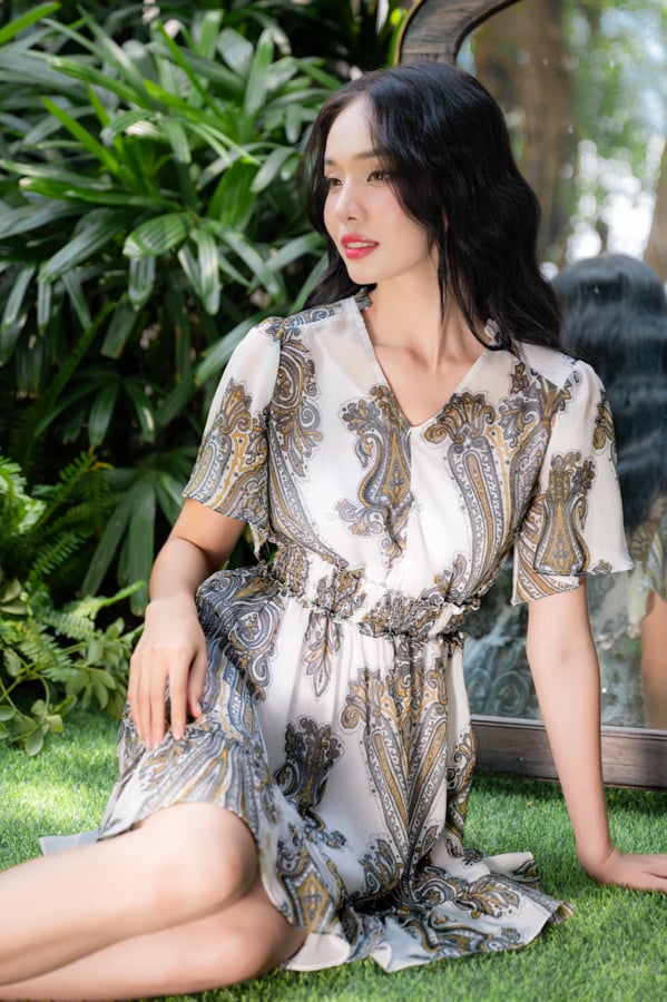 Đầm xòe nhún eo voan tay nhún xòe