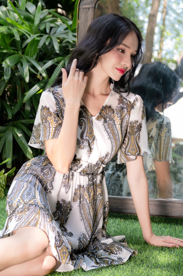 Đầm xòe nhún eo voan tay nhún xòe