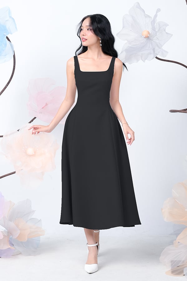 Đầm midi xòe pho xéo nhún hai bên tùng