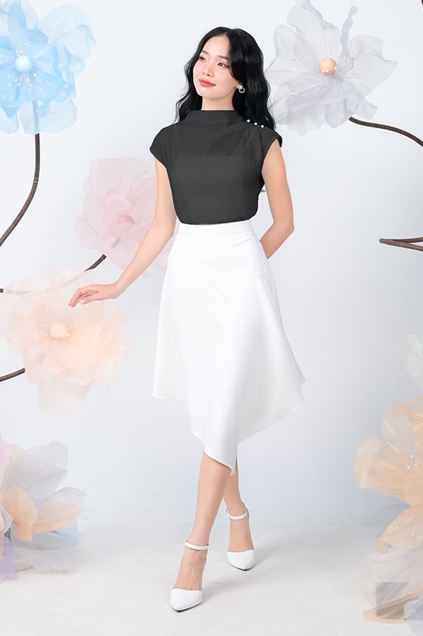 Áo kiểu tơ xốp xếp ly vai