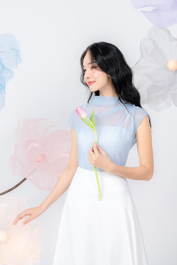 Áo kiểu tơ xốp xếp ly vai