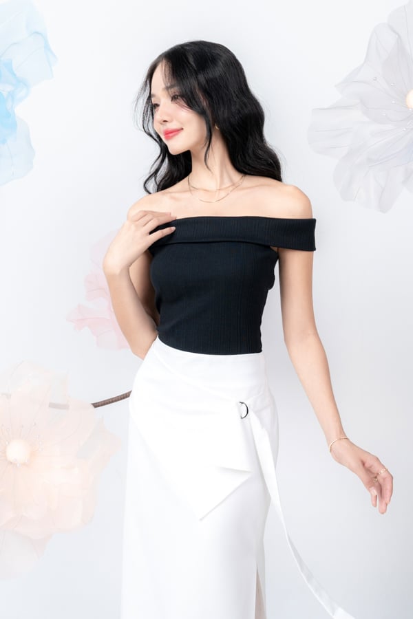 Chân váy midi cotton lạnh phối đắp tà