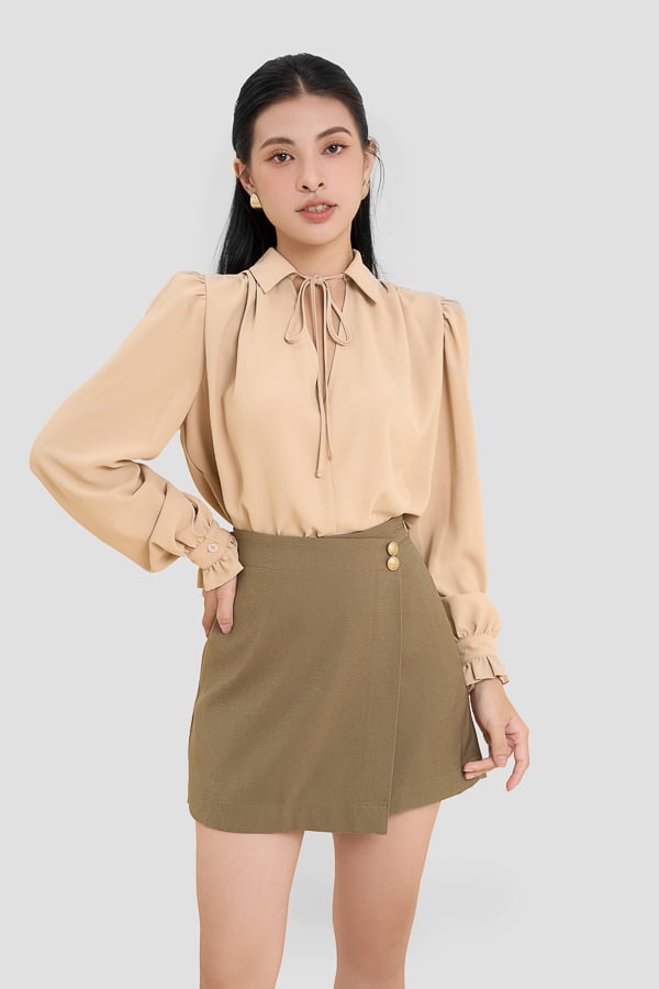 Chân váy mini cotton hàn đắp tà giả quần