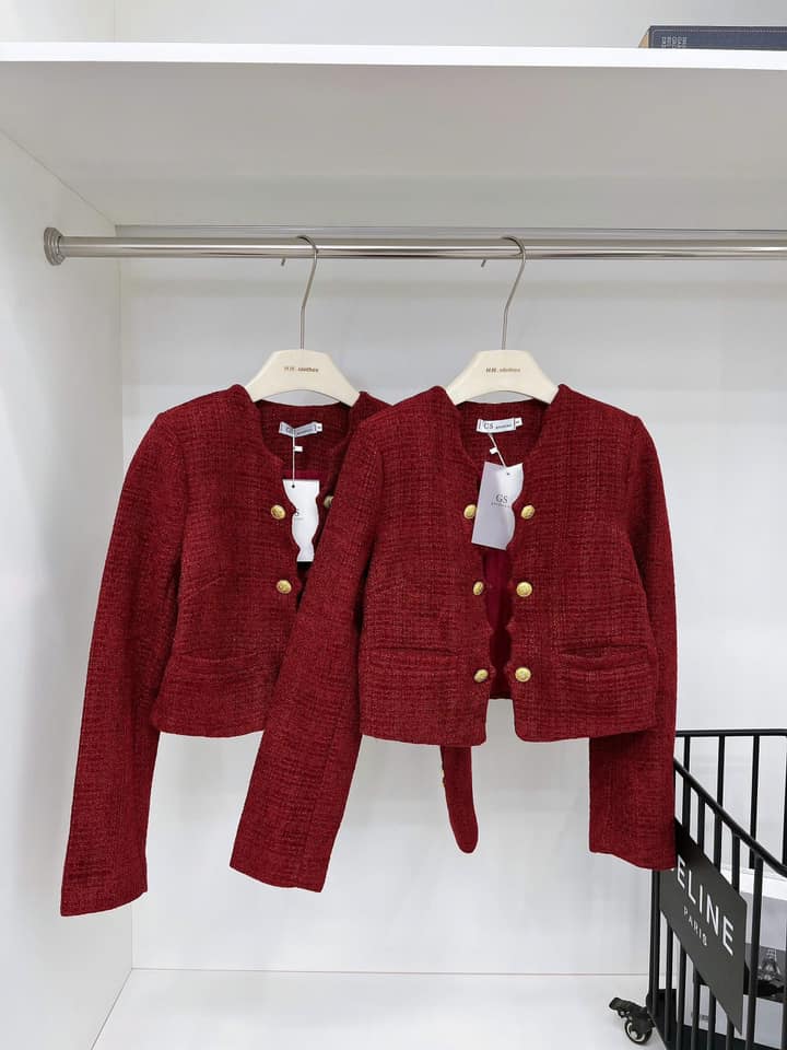 Áo blazer phom rộng tweed đỏ dáng ngắn