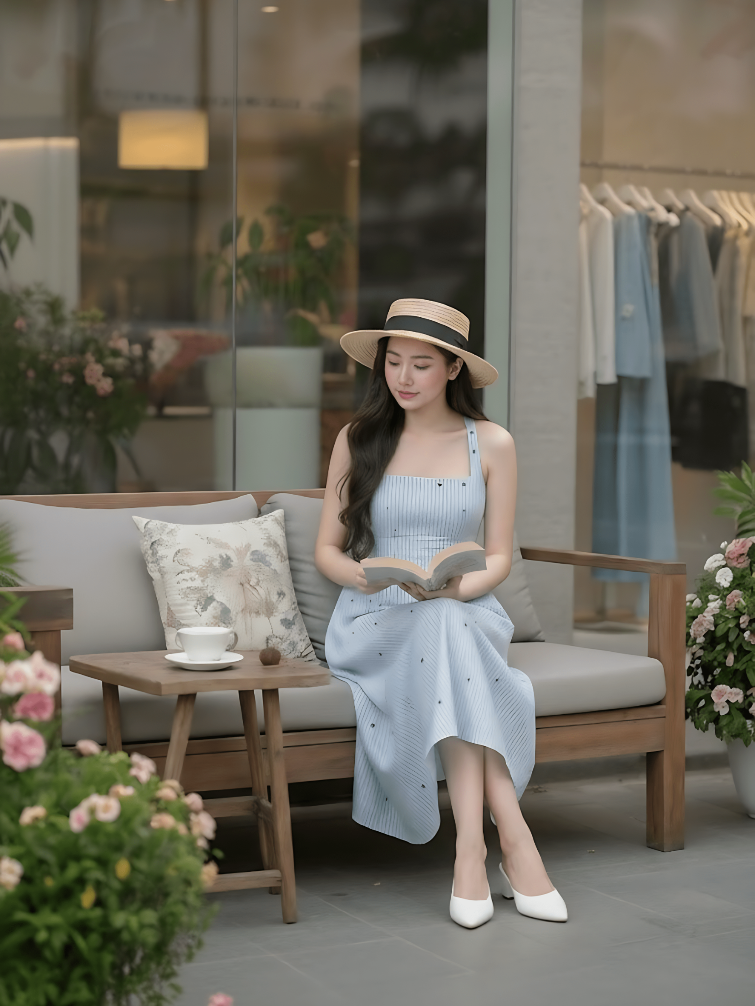 Đầm xòe sọc xanh in nơ hai dây dáng midi