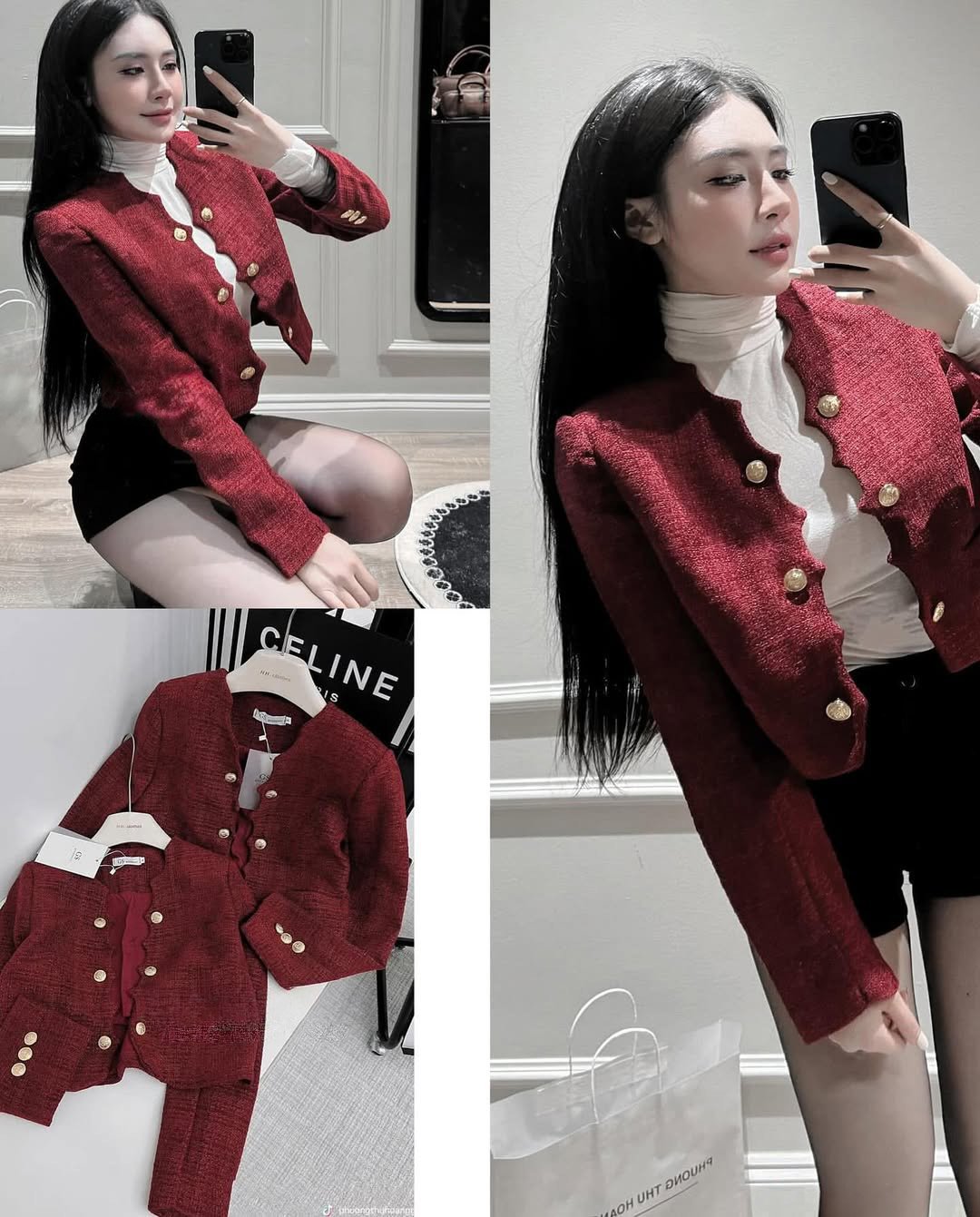 Áo blazer phom rộng tweed đỏ dáng ngắn