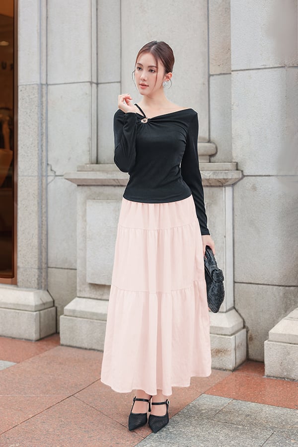 Chân váy xòe nhún tầng midi cotton