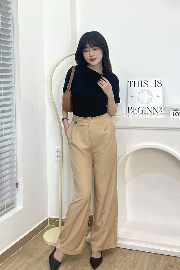 Quần ống rộng cotton lạnh lưng đắp xéo