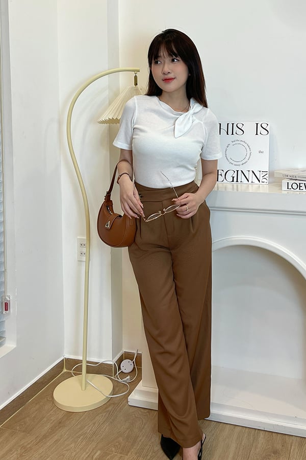 Quần ống rộng cotton lạnh lưng đắp xéo