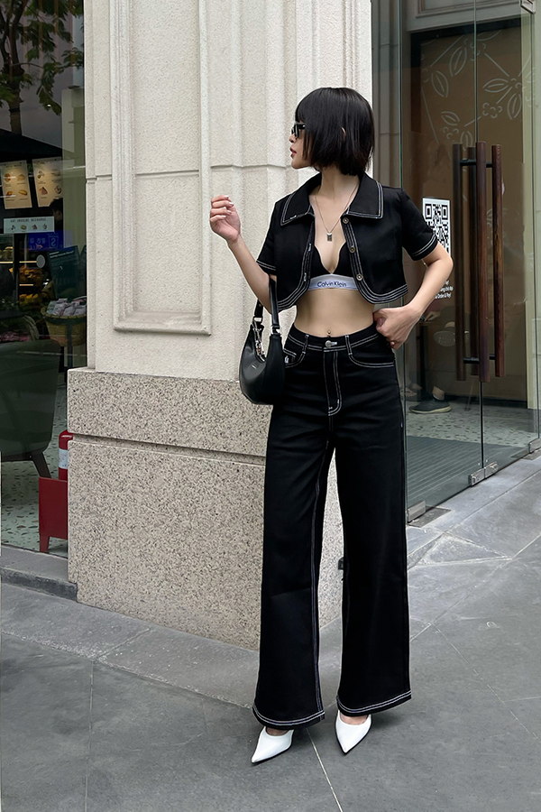 Áo croptop suông jean lai cong