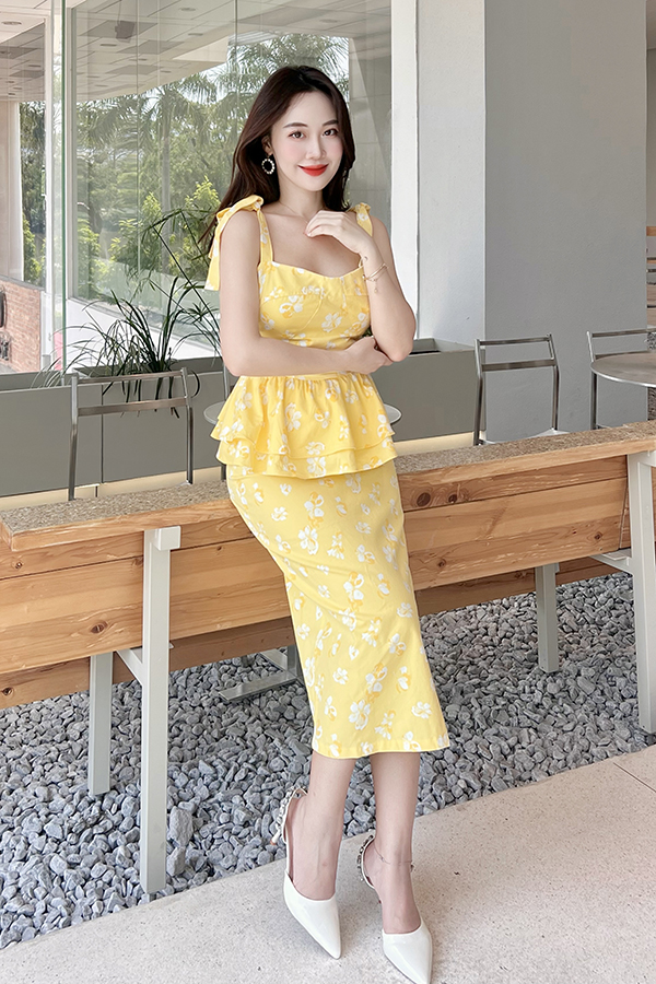 Đầm peplum ôm kaki mỏng phối nơ vai