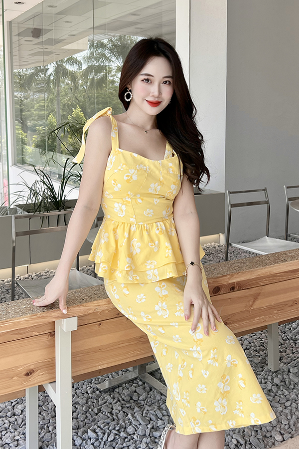 Đầm peplum ôm kaki mỏng phối nơ vai