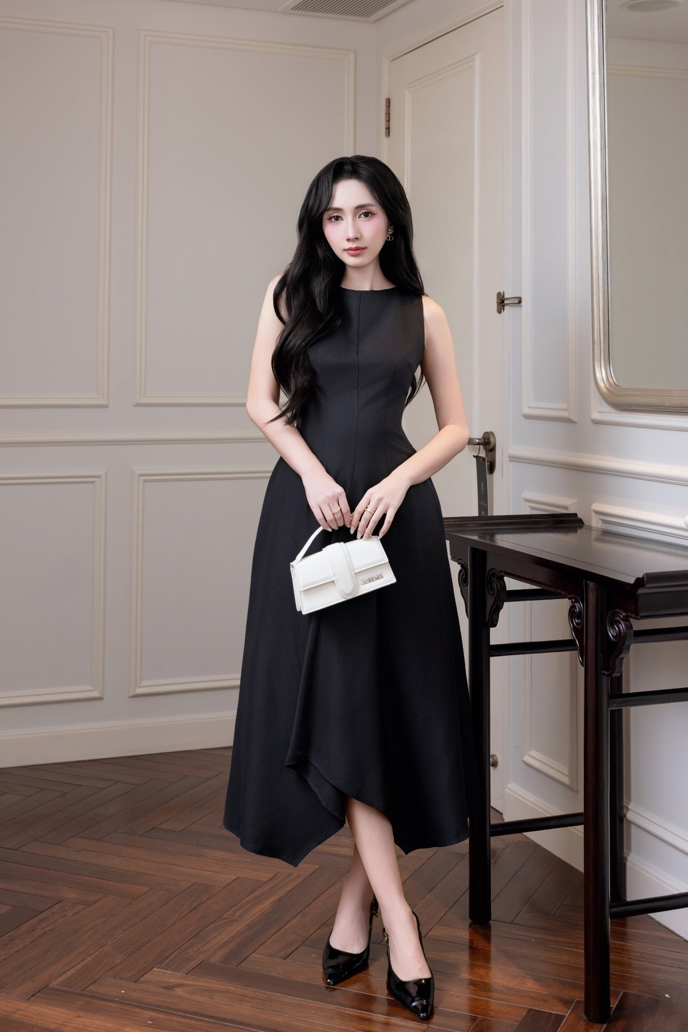Đầm midi dáng xòe cotton lạnh xếp ly vai
