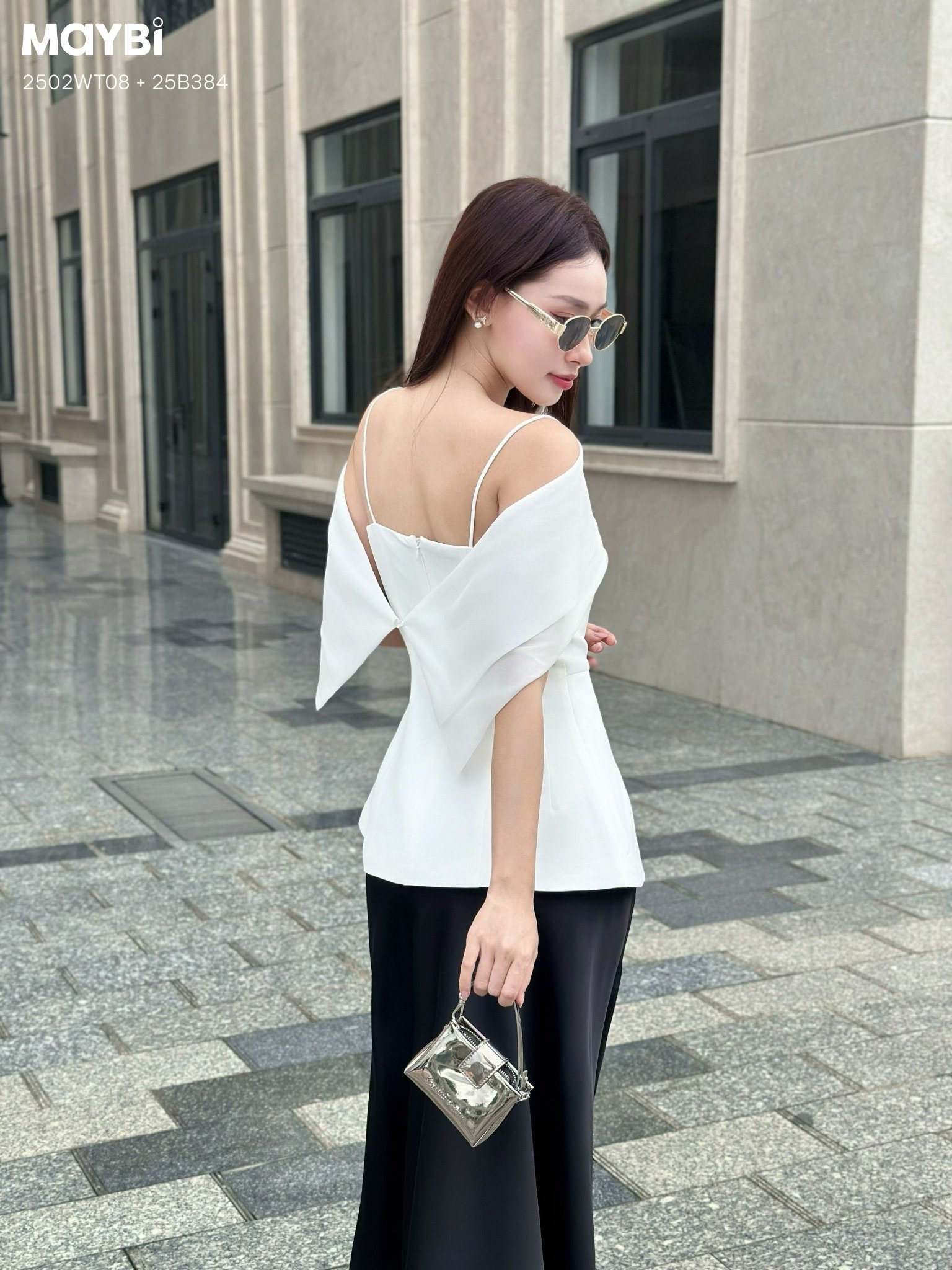 Áo peplum cotton thái trễ vai phối voan
