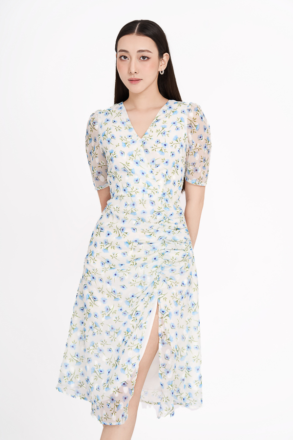 Đầm midi voan dệt hoa đắp tà phối tùng nhún