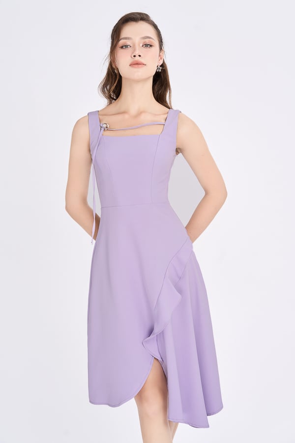 Đầm midi chữ A cotton lạnh phối bèo trang trí tùng